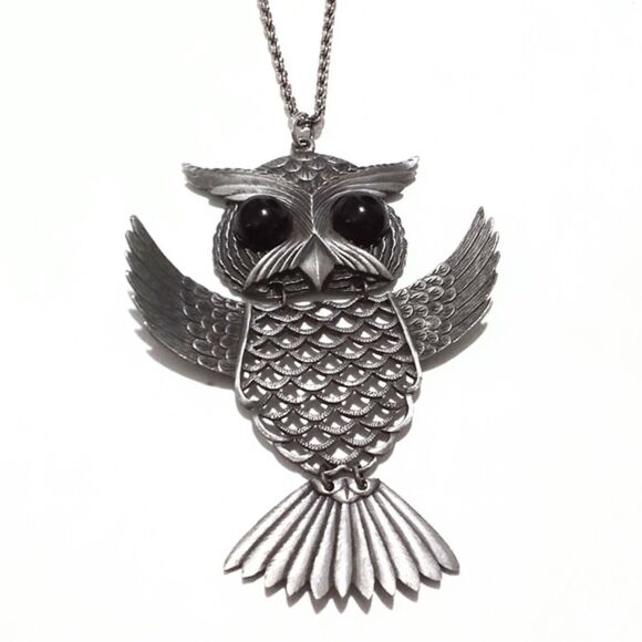 Large Open Wing Pewter Articulated Owl Vintage Pendant Necklace * - Picture 5 of 7
